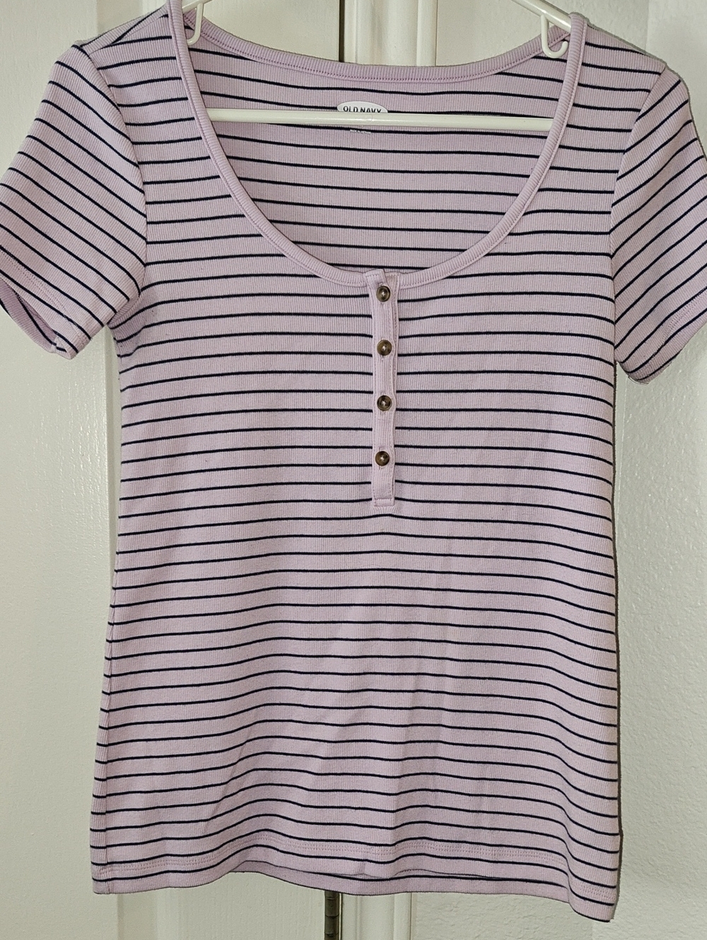 Old Navy Lilac and Navy Striped Henley Scoop Neck Tee